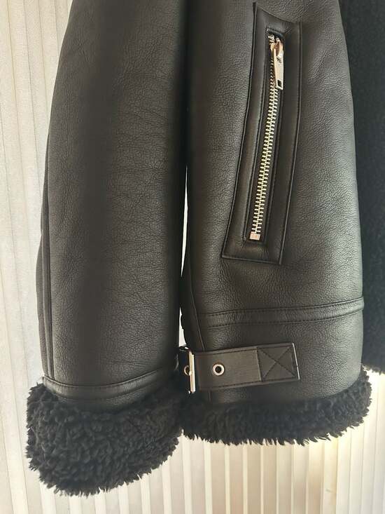 The Kooples Black Vegan Leather and Shearling Aviator Bomber Jacket - Picture 6 of 7